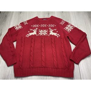 Lands End Sweater Mens‎ Large Red Reindeer Fair Isle Snowflake Ugly Christmas